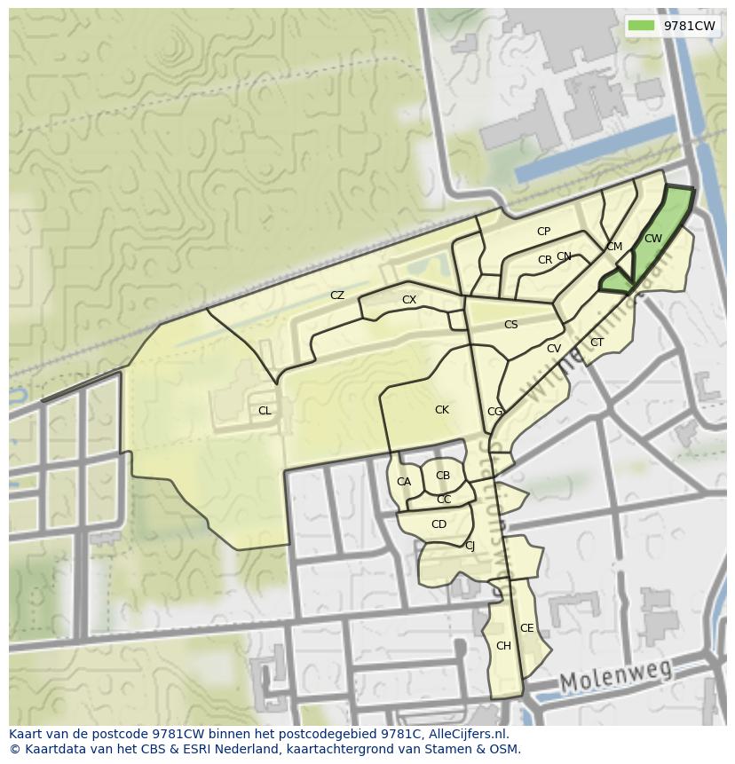 Afbeelding van het postcodegebied 9781 CW op de kaart.