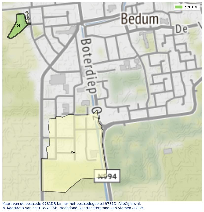 Afbeelding van het postcodegebied 9781 DB op de kaart.