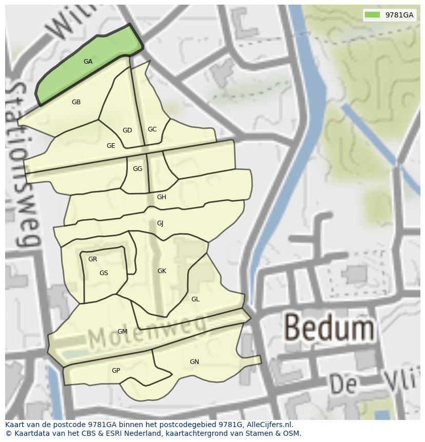 Afbeelding van het postcodegebied 9781 GA op de kaart.