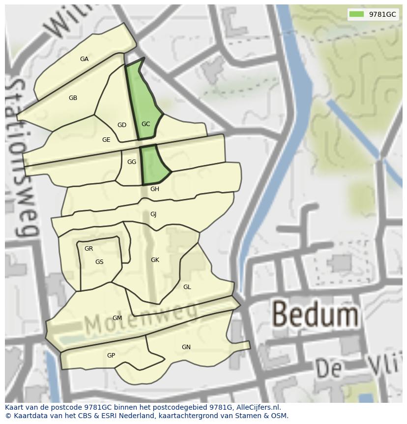 Afbeelding van het postcodegebied 9781 GC op de kaart.