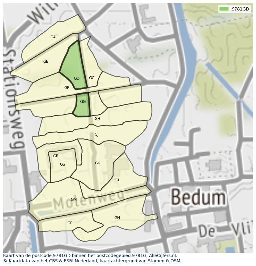 Afbeelding van het postcodegebied 9781 GD op de kaart.