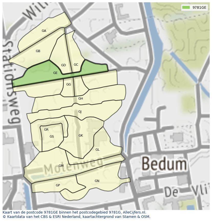 Afbeelding van het postcodegebied 9781 GE op de kaart.