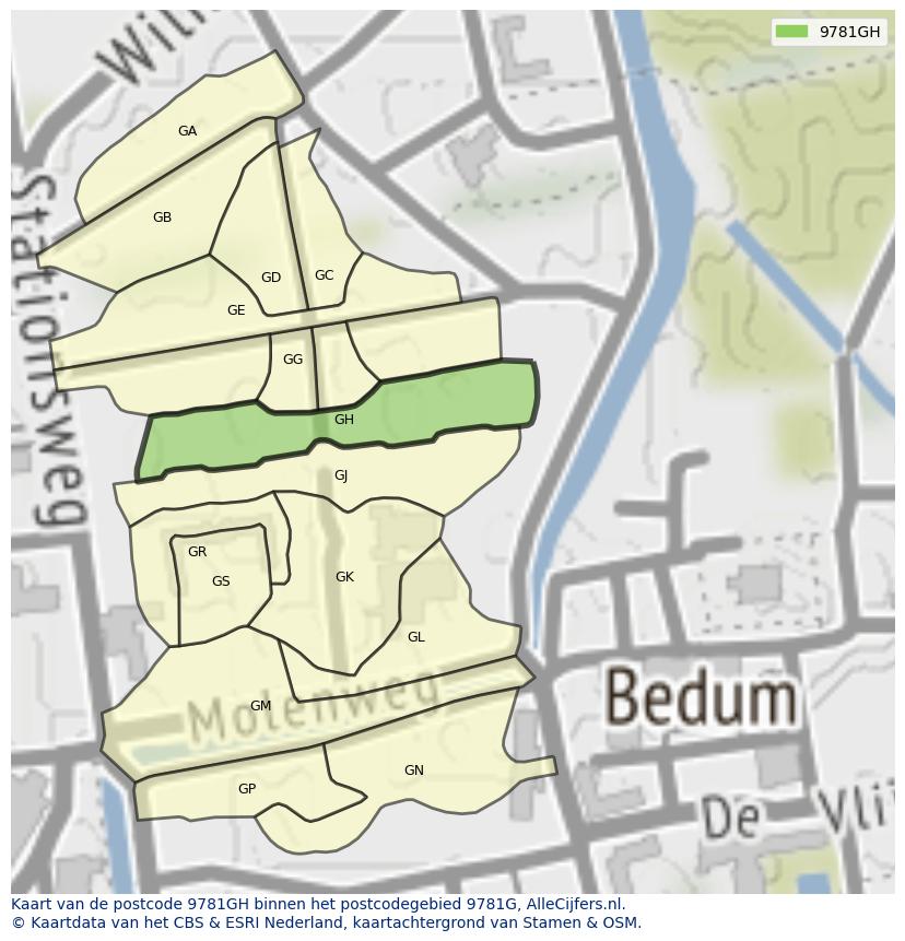 Afbeelding van het postcodegebied 9781 GH op de kaart.