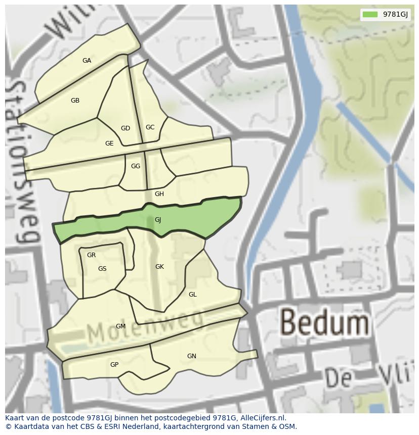 Afbeelding van het postcodegebied 9781 GJ op de kaart.