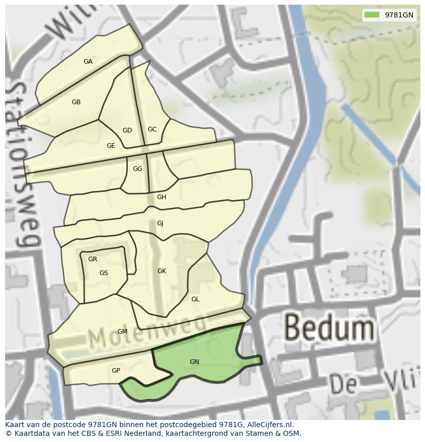 Afbeelding van het postcodegebied 9781 GN op de kaart.