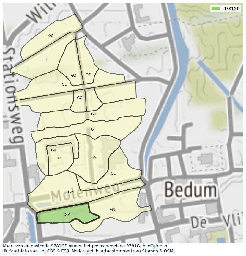 Afbeelding van het postcodegebied 9781 GP op de kaart.