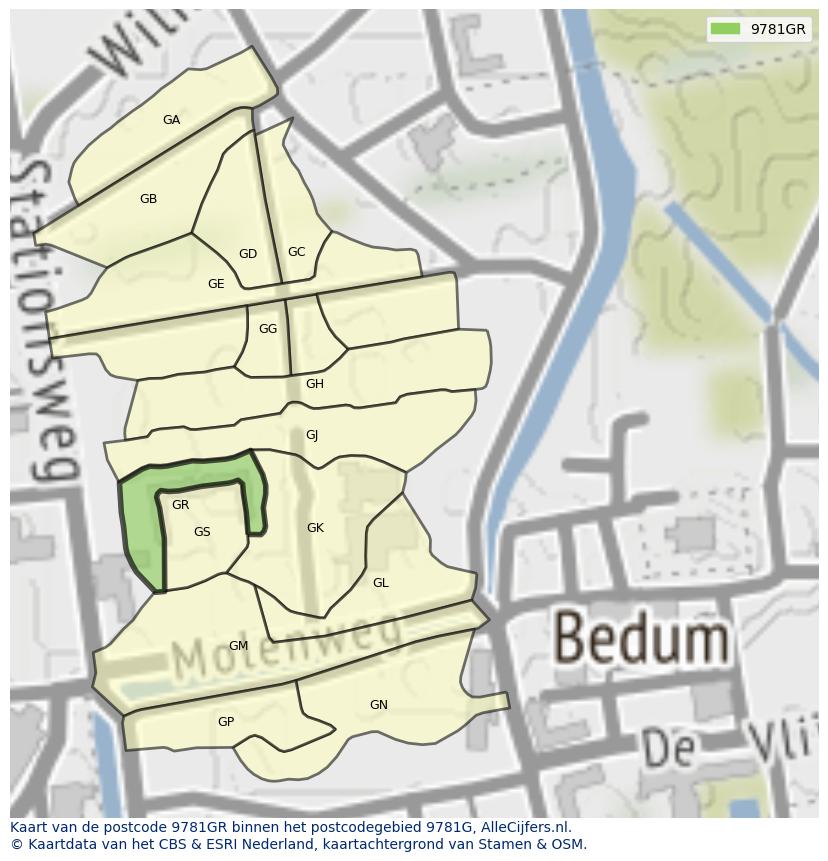 Afbeelding van het postcodegebied 9781 GR op de kaart.