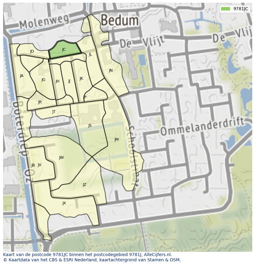 Afbeelding van het postcodegebied 9781 JC op de kaart.