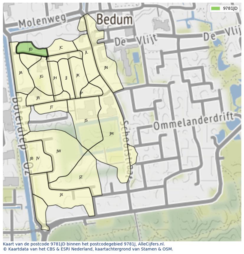 Afbeelding van het postcodegebied 9781 JD op de kaart.
