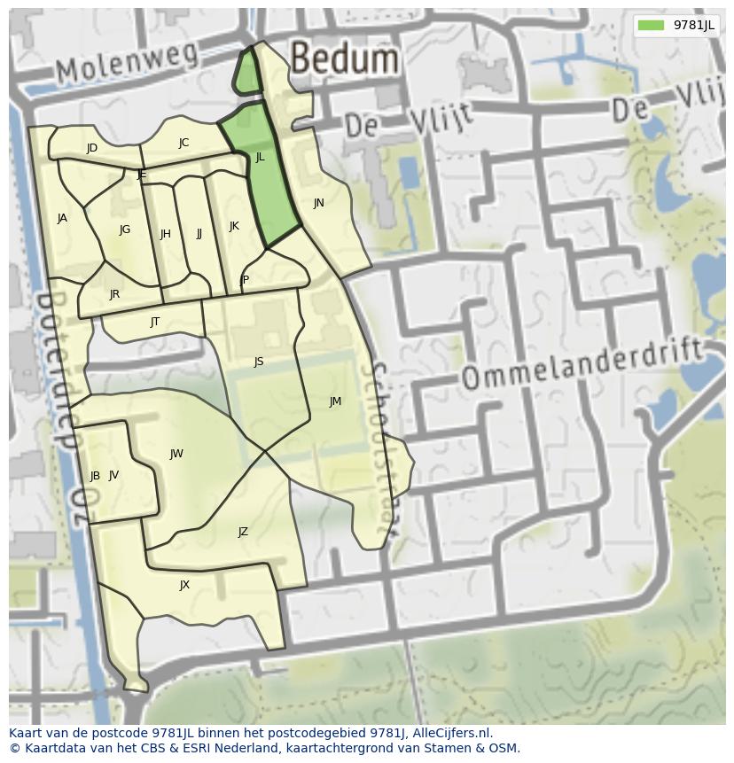 Afbeelding van het postcodegebied 9781 JL op de kaart.