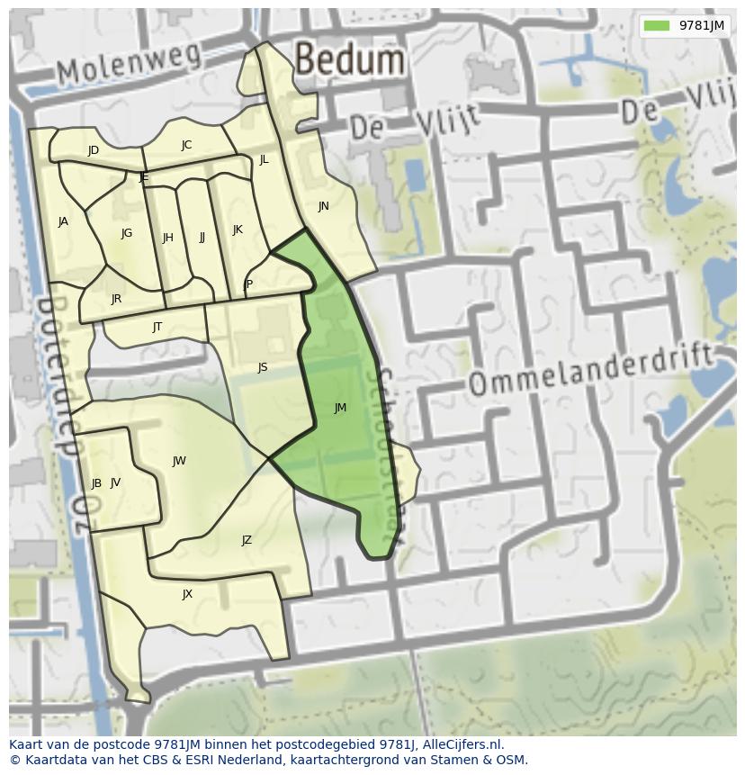 Afbeelding van het postcodegebied 9781 JM op de kaart.