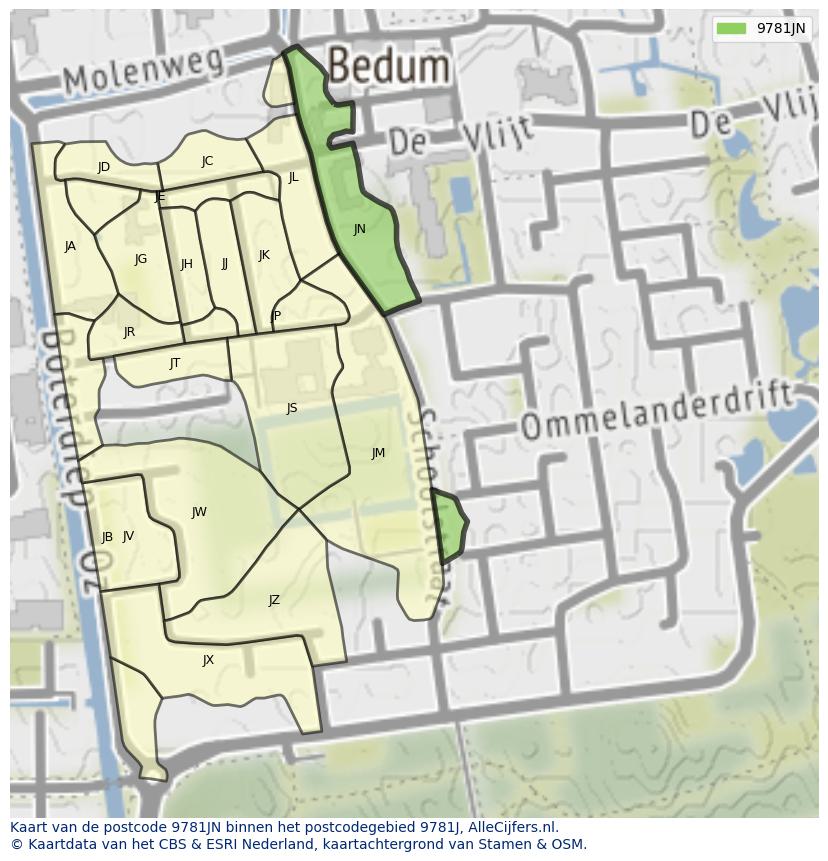 Afbeelding van het postcodegebied 9781 JN op de kaart.