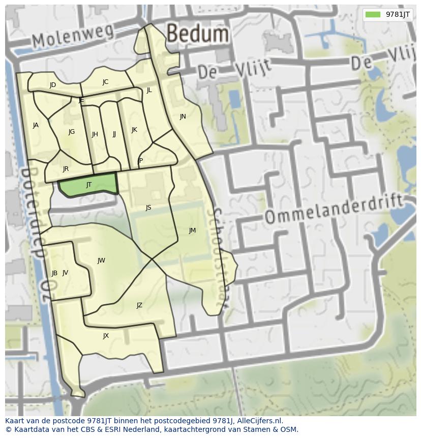 Afbeelding van het postcodegebied 9781 JT op de kaart.