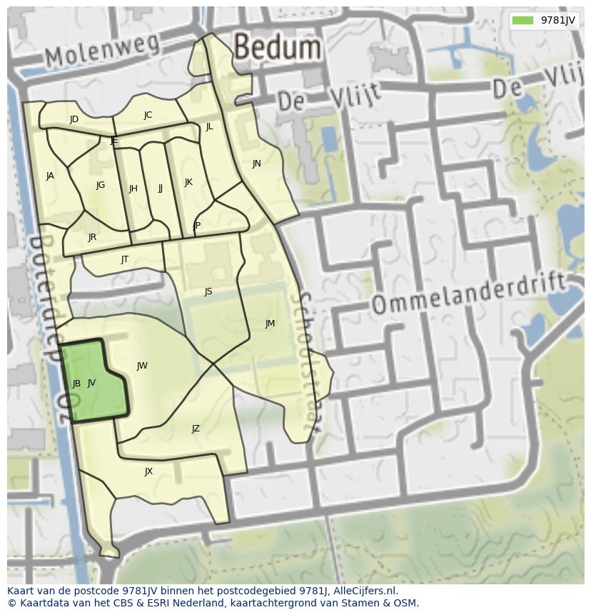 Afbeelding van het postcodegebied 9781 JV op de kaart.