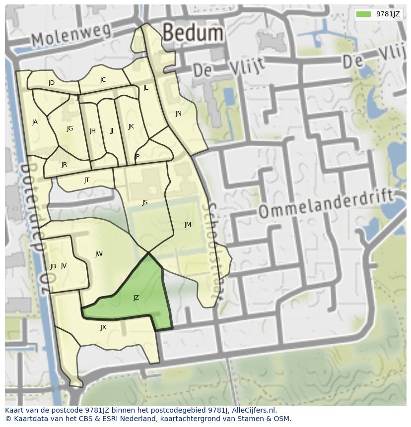 Afbeelding van het postcodegebied 9781 JZ op de kaart.
