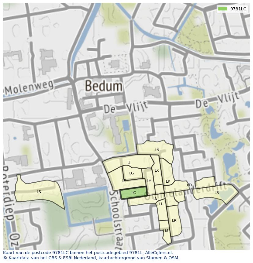 Afbeelding van het postcodegebied 9781 LC op de kaart.