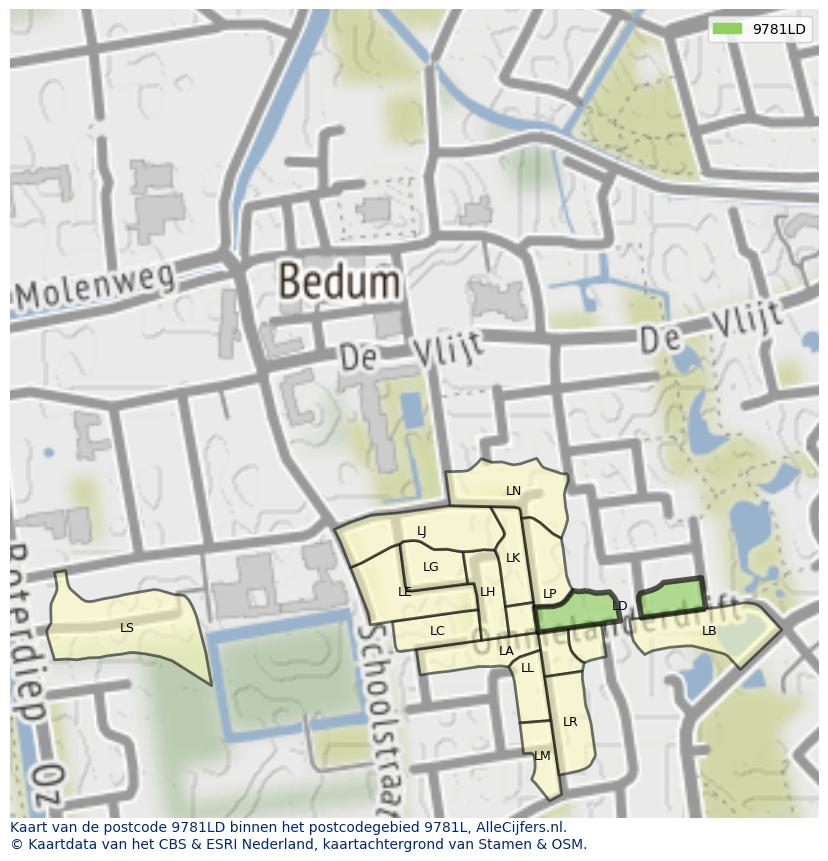 Afbeelding van het postcodegebied 9781 LD op de kaart.