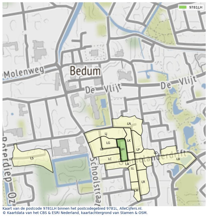 Afbeelding van het postcodegebied 9781 LH op de kaart.