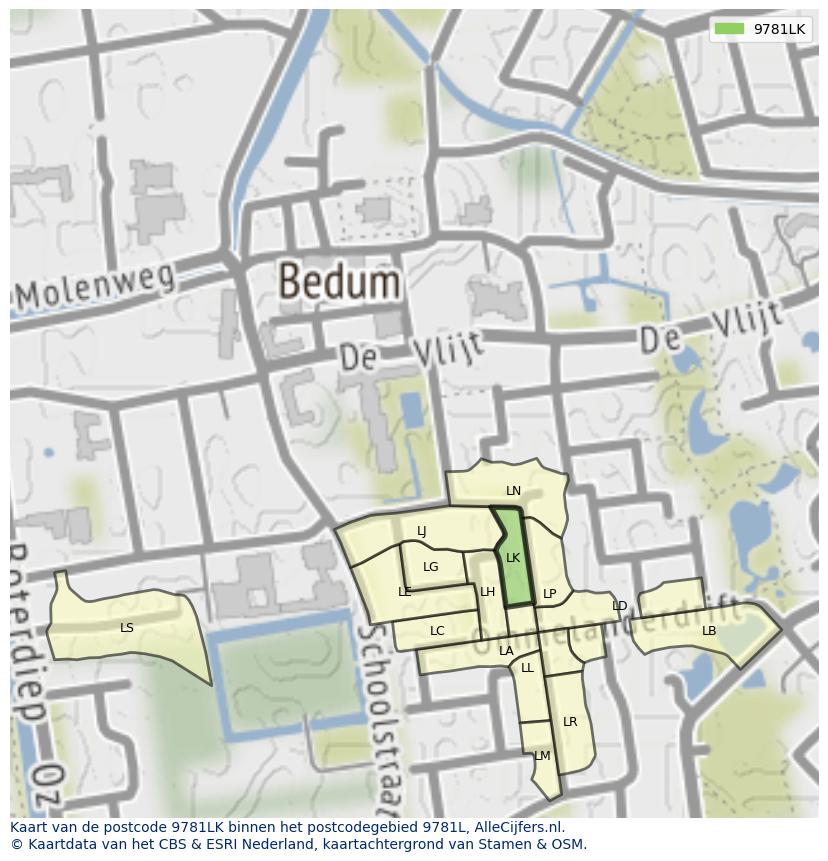 Afbeelding van het postcodegebied 9781 LK op de kaart.