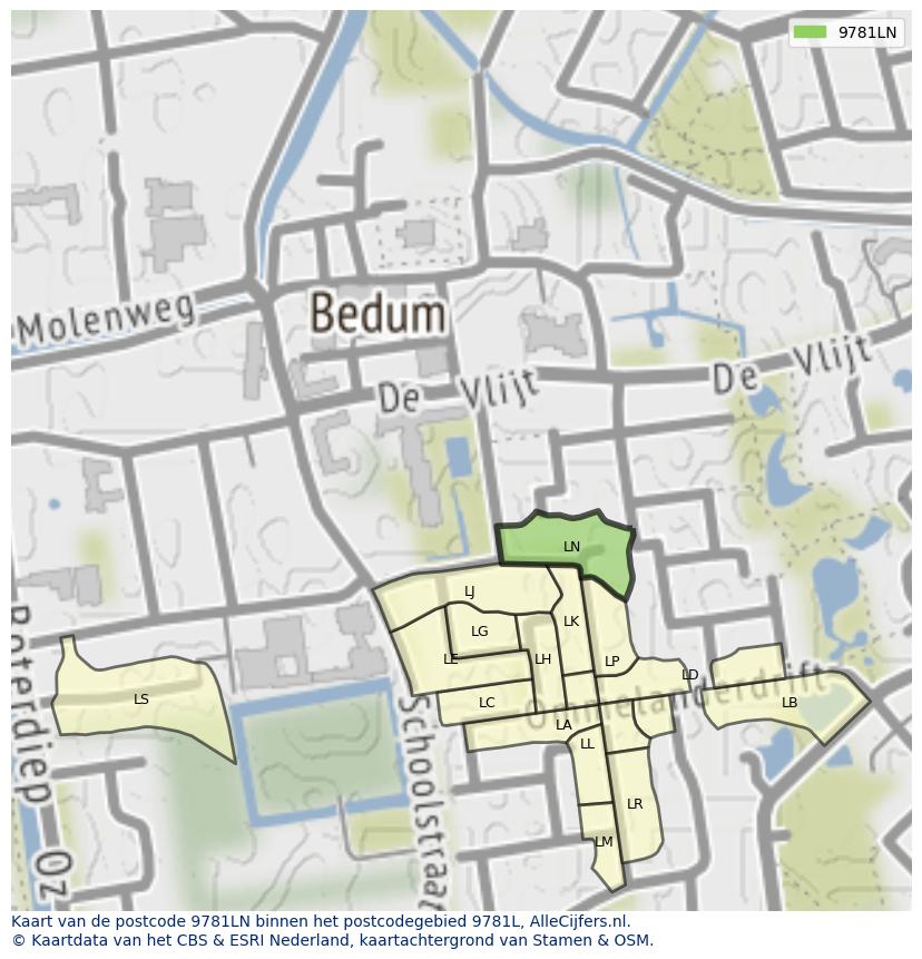 Afbeelding van het postcodegebied 9781 LN op de kaart.