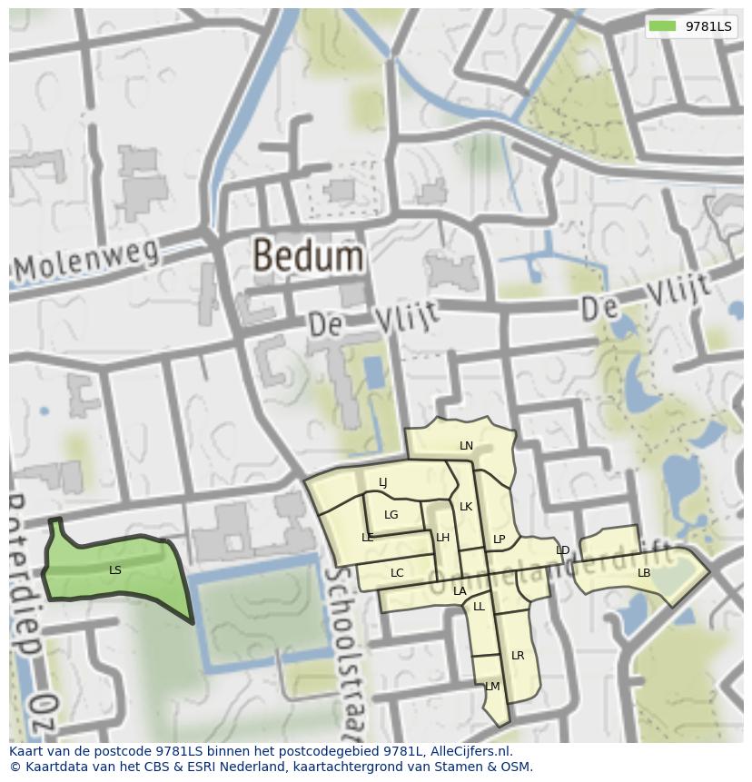 Afbeelding van het postcodegebied 9781 LS op de kaart.
