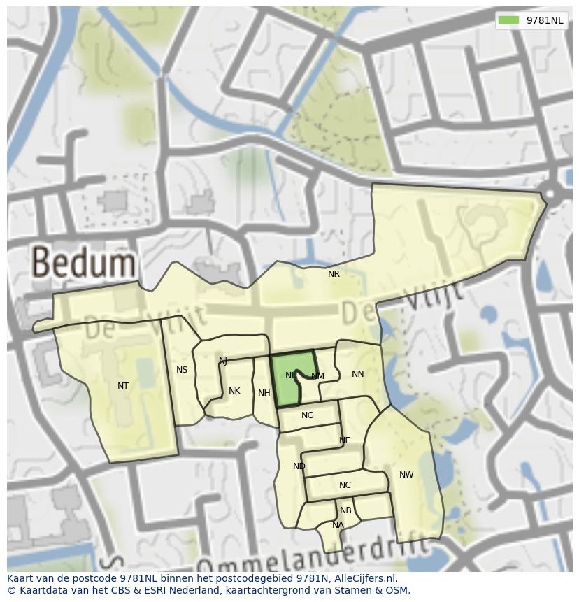 Afbeelding van het postcodegebied 9781 NL op de kaart.