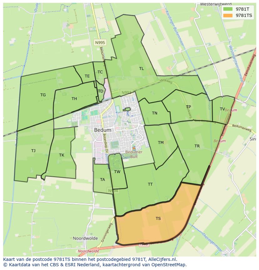 Afbeelding van het postcodegebied 9781 TS op de kaart.