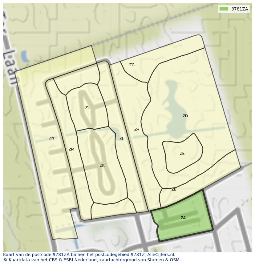 Afbeelding van het postcodegebied 9781 ZA op de kaart.