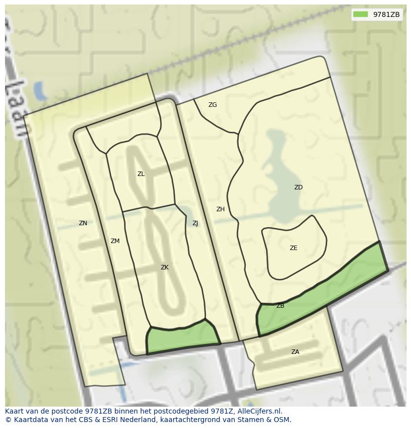 Afbeelding van het postcodegebied 9781 ZB op de kaart.