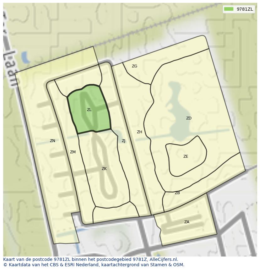 Afbeelding van het postcodegebied 9781 ZL op de kaart.