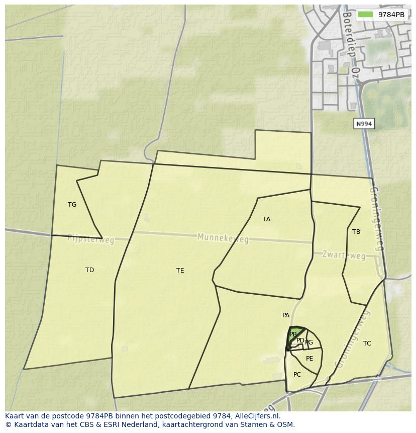 Afbeelding van het postcodegebied 9784 PB op de kaart.
