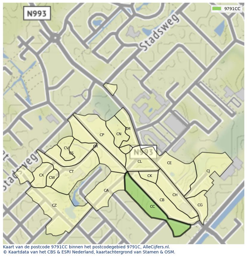 Afbeelding van het postcodegebied 9791 CC op de kaart.