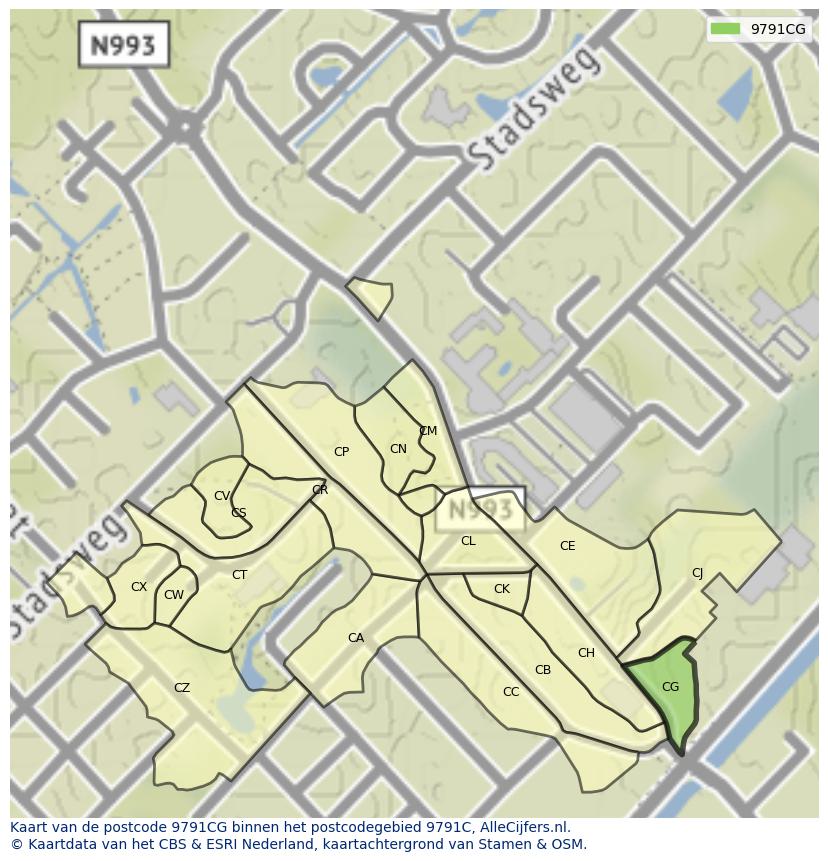Afbeelding van het postcodegebied 9791 CG op de kaart.