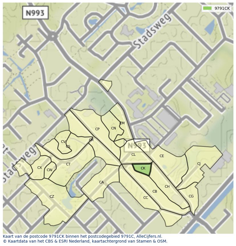 Afbeelding van het postcodegebied 9791 CK op de kaart.
