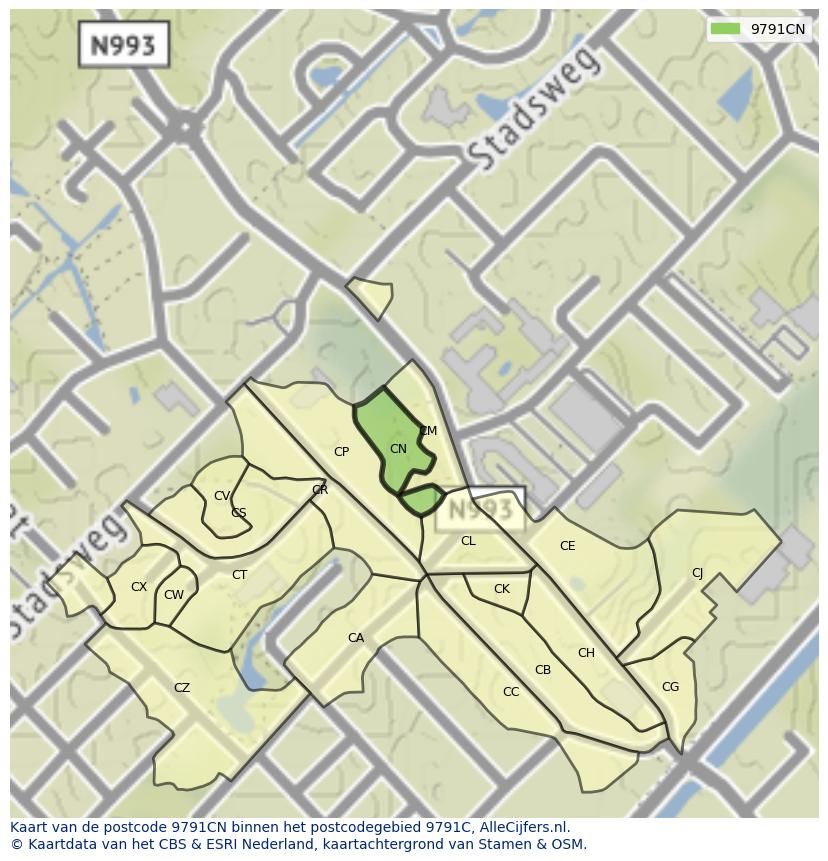 Afbeelding van het postcodegebied 9791 CN op de kaart.