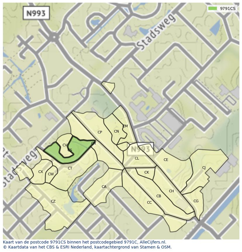 Afbeelding van het postcodegebied 9791 CS op de kaart.