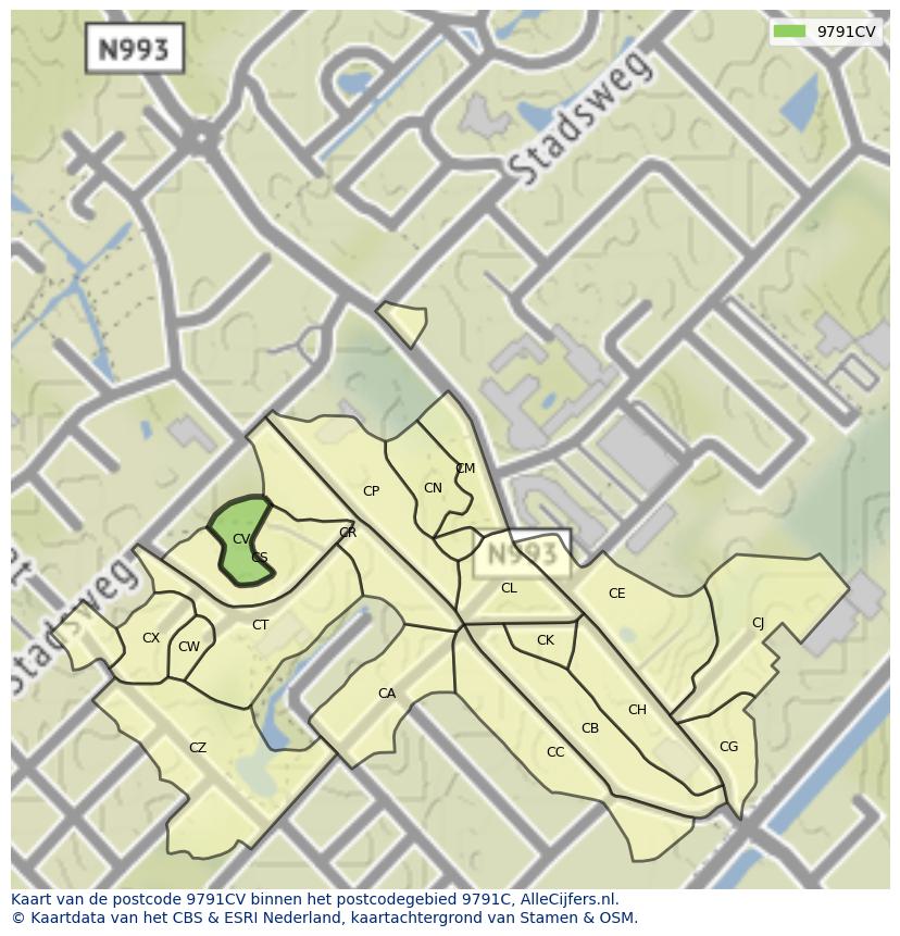 Afbeelding van het postcodegebied 9791 CV op de kaart.