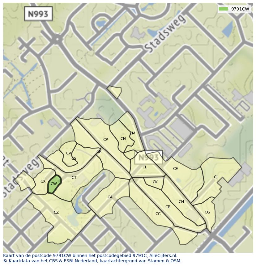 Afbeelding van het postcodegebied 9791 CW op de kaart.