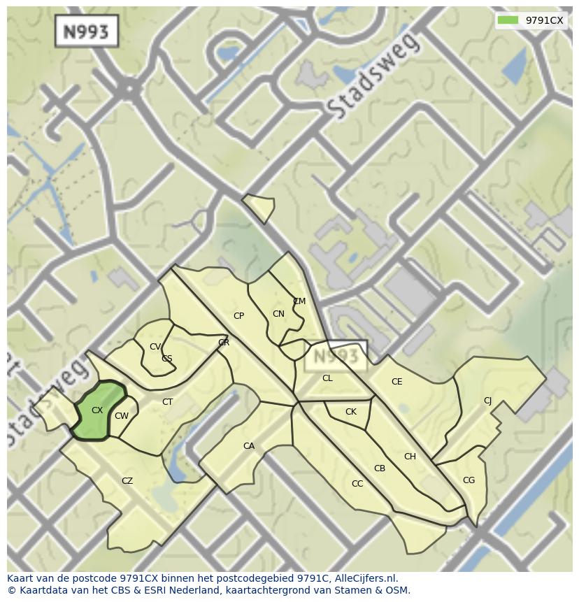 Afbeelding van het postcodegebied 9791 CX op de kaart.