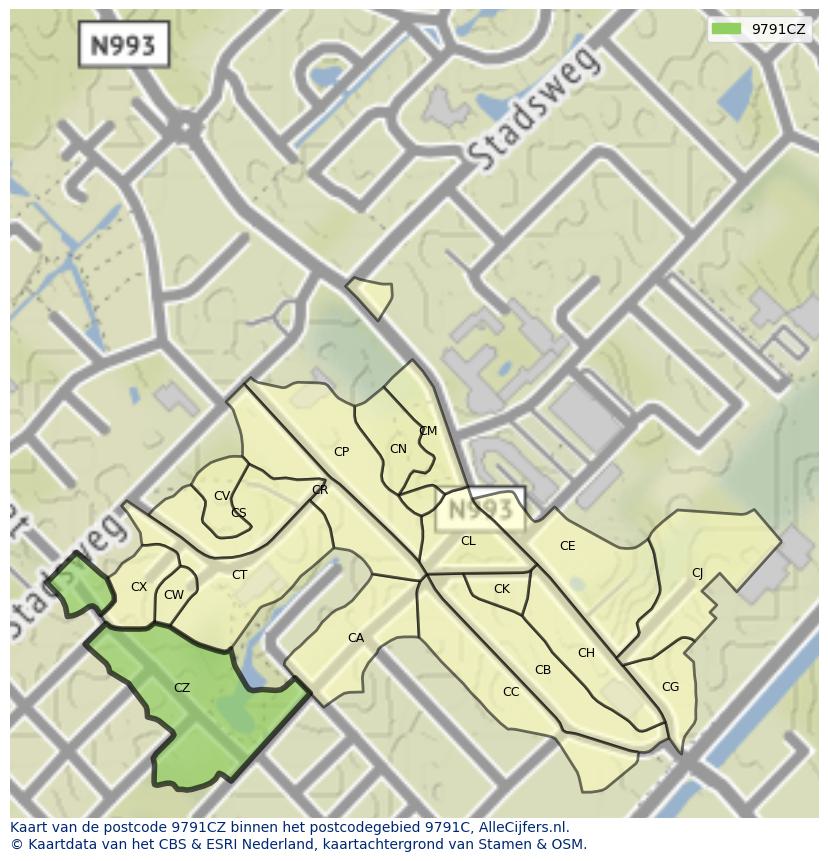Afbeelding van het postcodegebied 9791 CZ op de kaart.