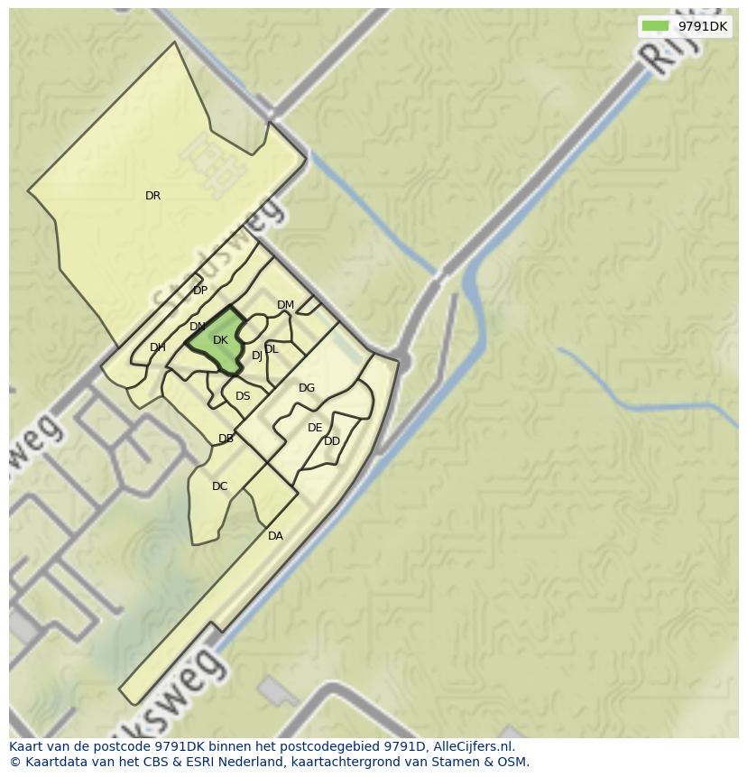 Afbeelding van het postcodegebied 9791 DK op de kaart.