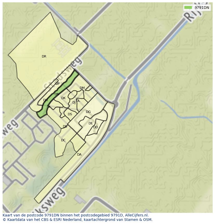 Afbeelding van het postcodegebied 9791 DN op de kaart.