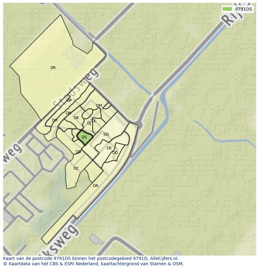 Afbeelding van het postcodegebied 9791 DS op de kaart.