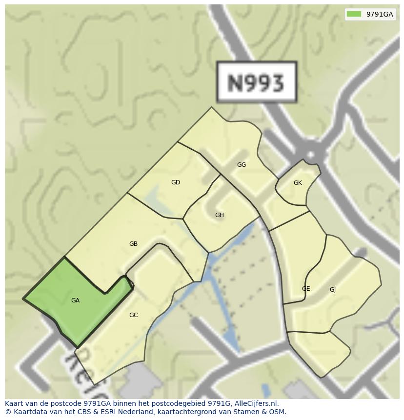 Afbeelding van het postcodegebied 9791 GA op de kaart.