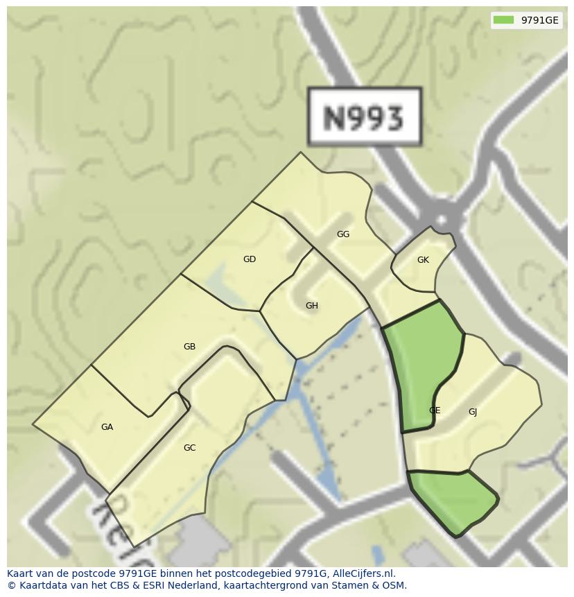 Afbeelding van het postcodegebied 9791 GE op de kaart.