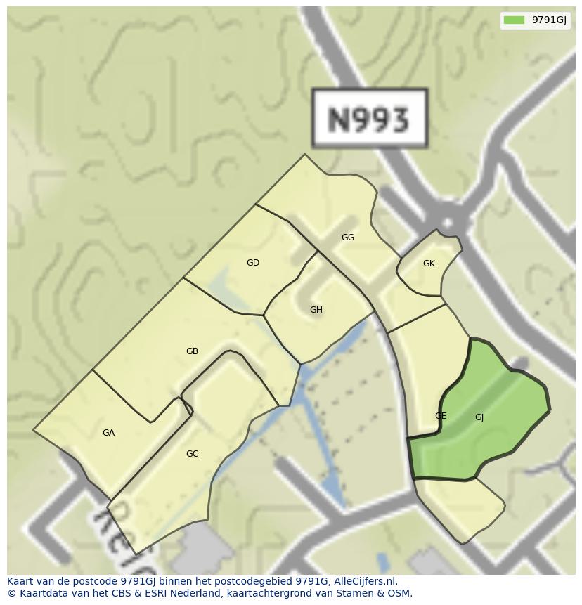 Afbeelding van het postcodegebied 9791 GJ op de kaart.