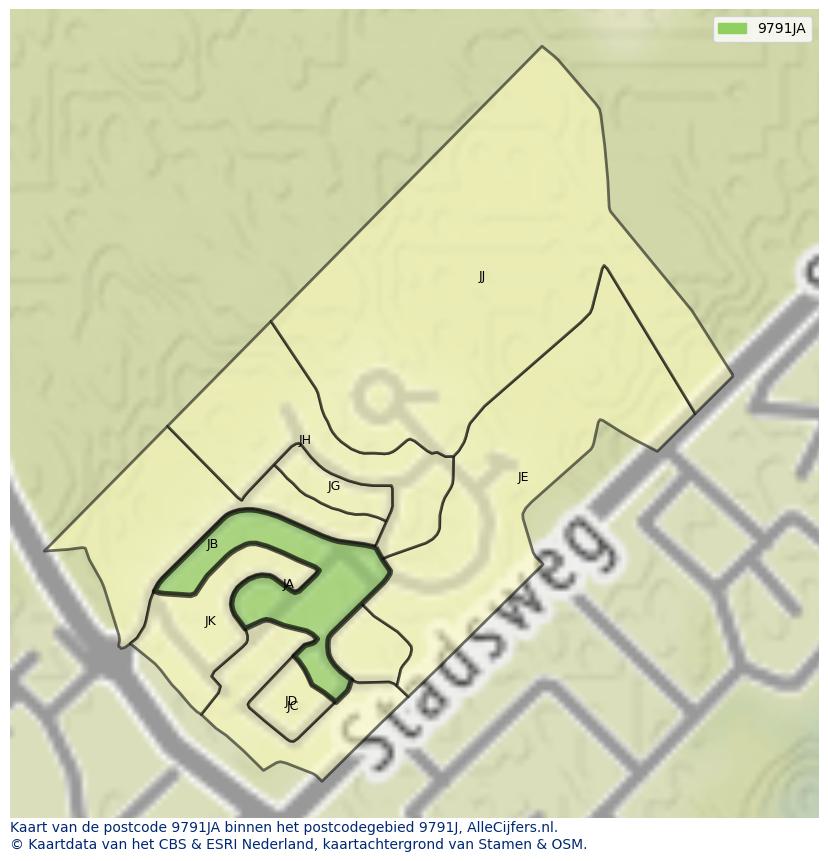 Afbeelding van het postcodegebied 9791 JA op de kaart.