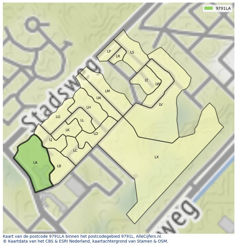 Afbeelding van het postcodegebied 9791 LA op de kaart.