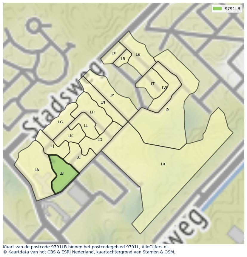 Afbeelding van het postcodegebied 9791 LB op de kaart.