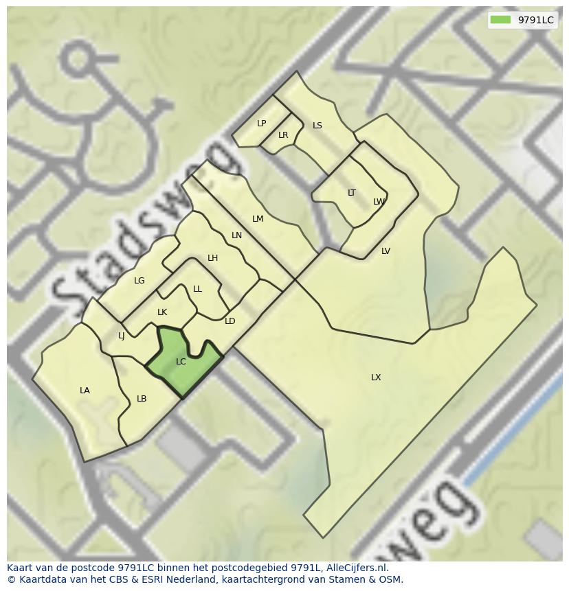 Afbeelding van het postcodegebied 9791 LC op de kaart.